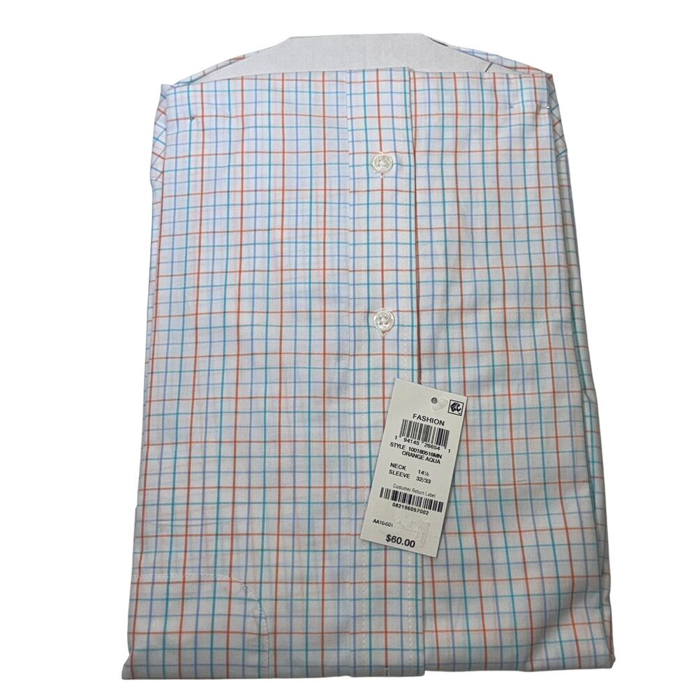 Club Room Men's Regular Fit Letto Plaid Dress Shirt Orange Aqua 14.5 32/33 $60 - Picture 3 of 5
